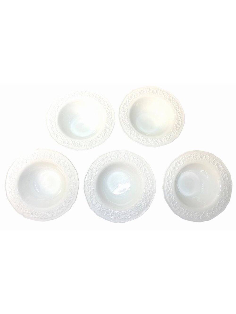 Indiana Glass Orange Blossom Set Of 5 Milk Glass Embossed Floral 5 1/2" Bowls